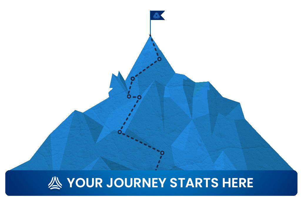 Illustration: a blue mountain with a dotted trail to a flag at the summit. Your journey starts here.